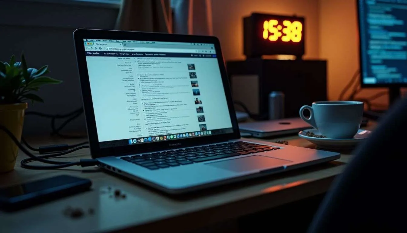 A Messy Desk With Open Laptop And Late-Night Internet Browsing.