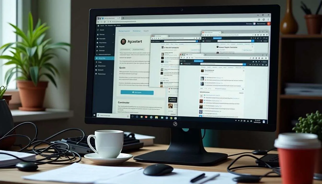 A Cluttered Desk With Open Browser Windows, Scattered Papers, And Coffee Cups.