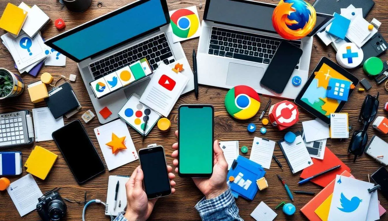 An Overhead View Of Electronic Devices And Cluttered Browser Icons.