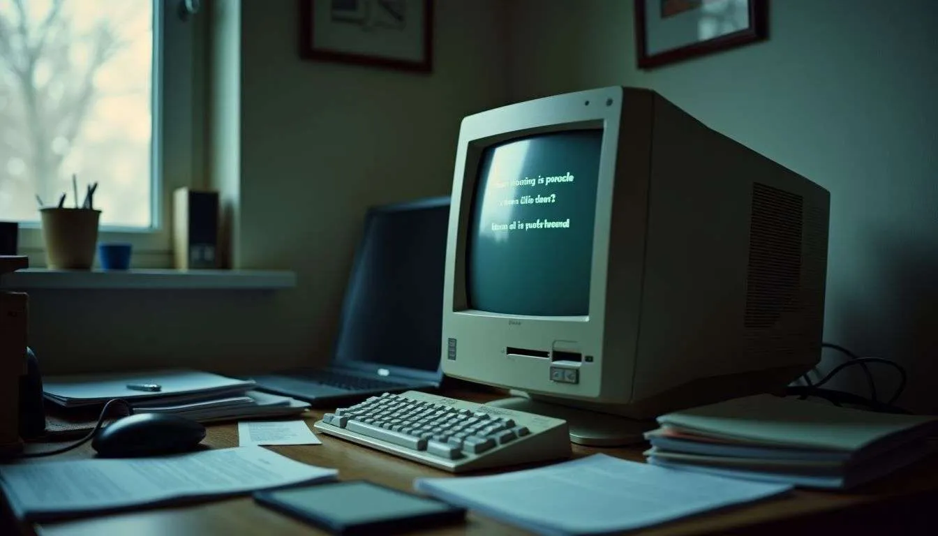 An Old Computer Monitor Displays An Error Message On A Messy Desk.
