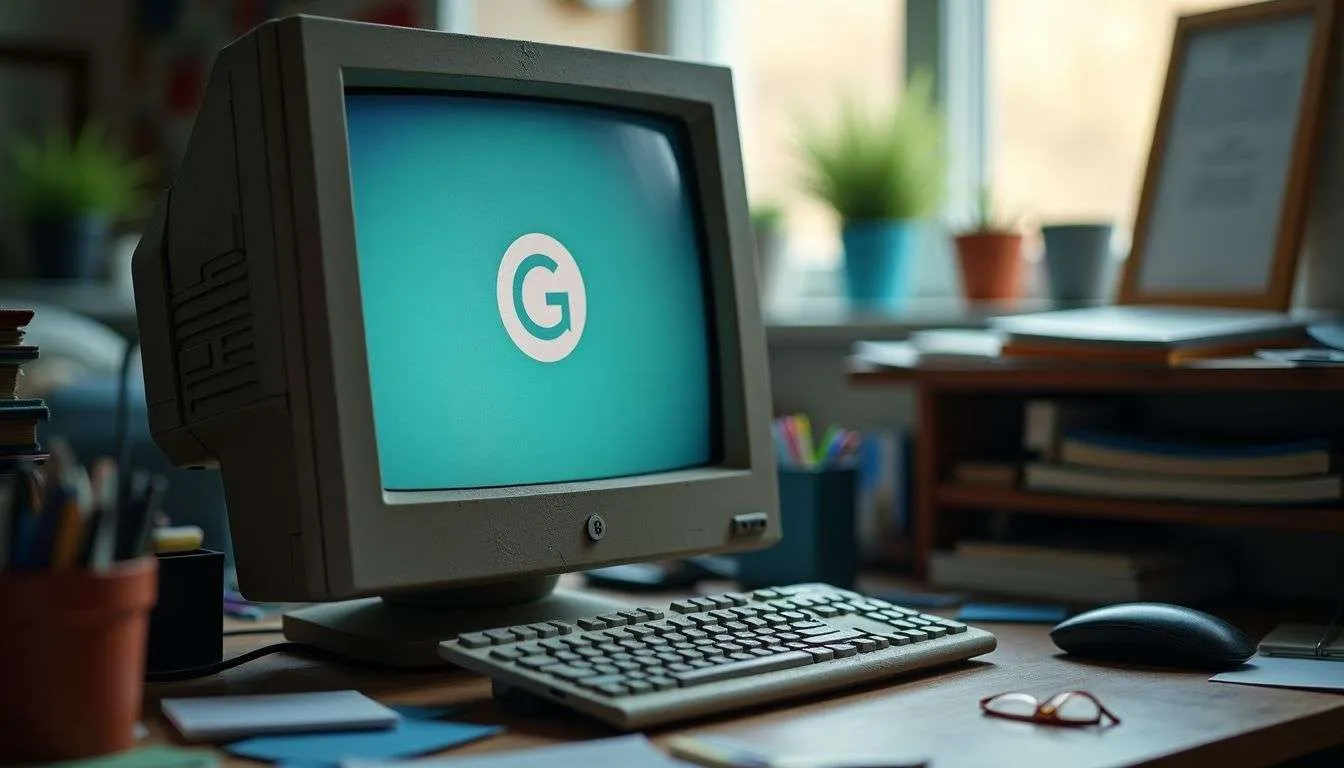 An Old, Dusty Computer Monitor With Cluttered Desk Items.
