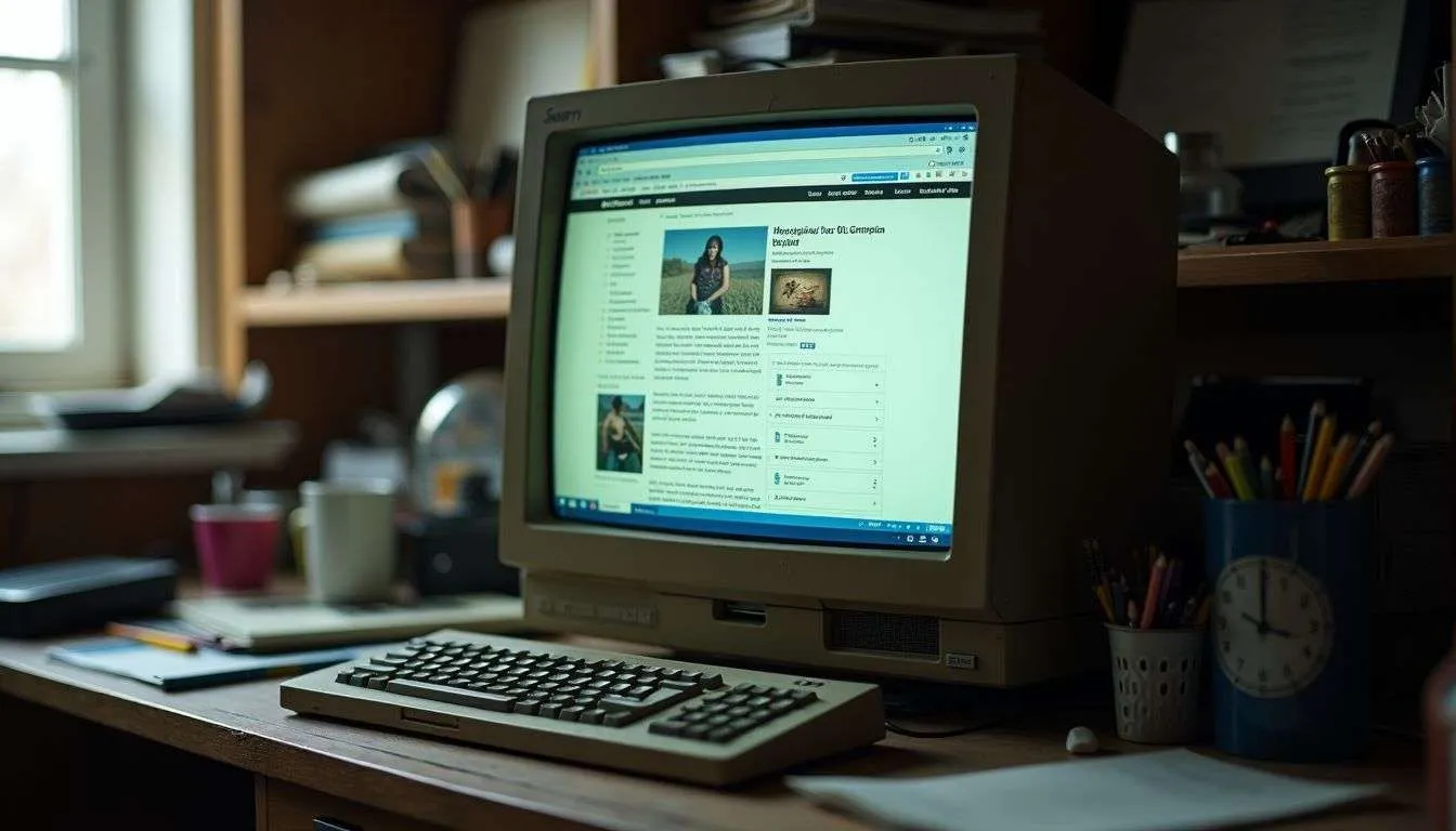 An Old, Dusty Computer Monitor Displays A Mix Of Outdated And Current Content On A Cluttered Desk.
